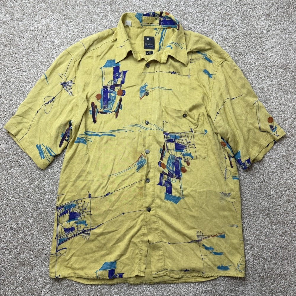 CasaModa Shirt Mens Medium Yellow Car Print Short Sleeve Button Up Casual Summer